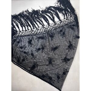 Valerie Stevens Black Lace Spider Web Beaded Fringe Shawl Scarf Wrap